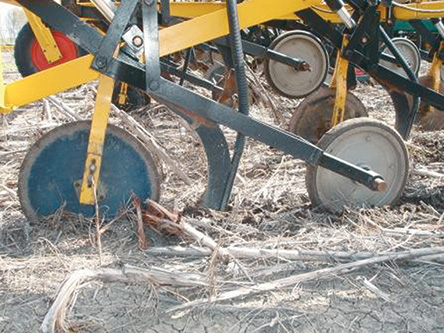 The optional coulter is used to clear trash ahead of the shank. The machine is capable of very deep planting, or very shallow, depending on the conditions. | Multi Farming Systems photo.