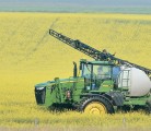 A farmer sprays a canola field west of Nanton, Alta., in mid-July. While crops are looking good in some parts of the Prairies, other areas are not faring well because of a late spring and excessive moisture. Temperatures near 30 C in southern Alberta over the past two weeks have not favoured canola, which thrives at cooler temperatures. | Mike Sturk photo