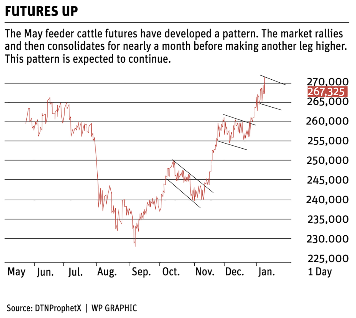 A chart showing May cattle futures.